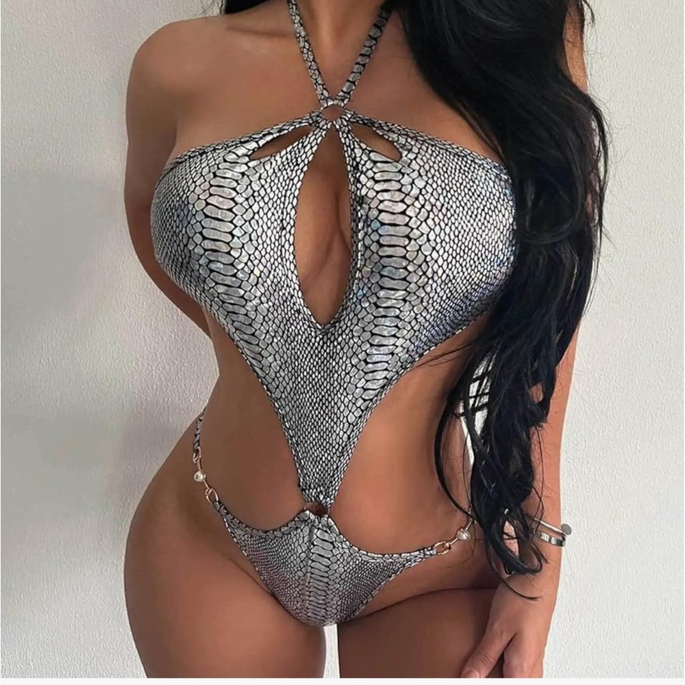 NEW Silver Snake Print Cutout Monokini Swimsuit